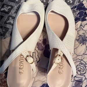 White Textured Slingback Flats with Gold Buckle Accent by